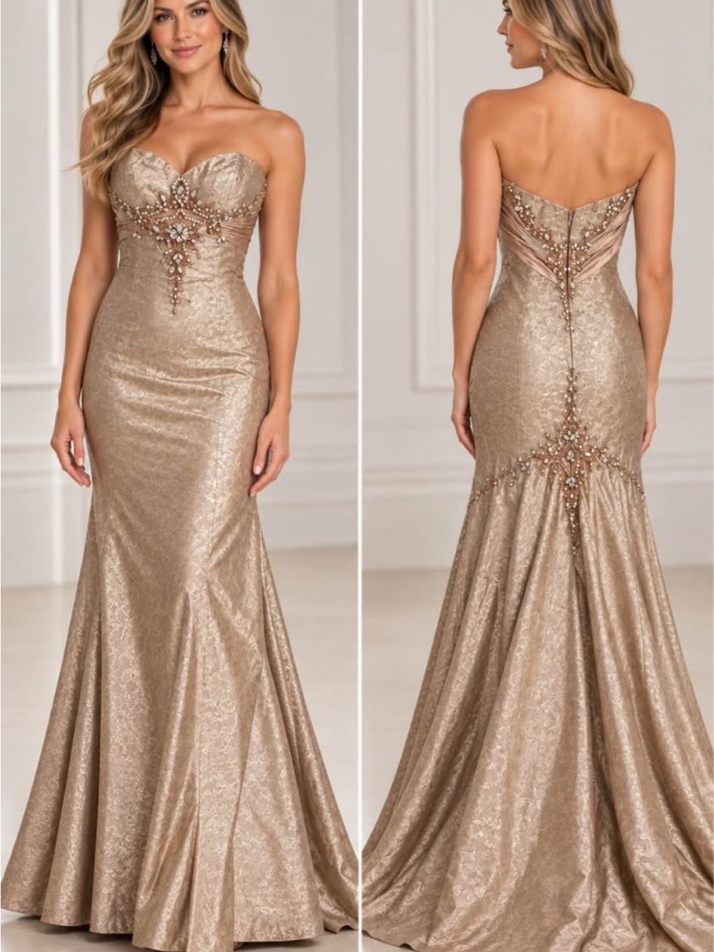 Strapless Embellished Gold Mermaid Evening Gown